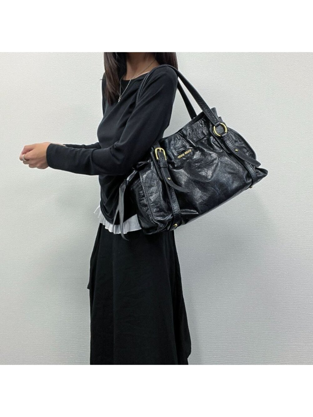 Miu Miu Side Ribbon Logo Belt Handle Shoulder Bag Leather Black Gold Vintage